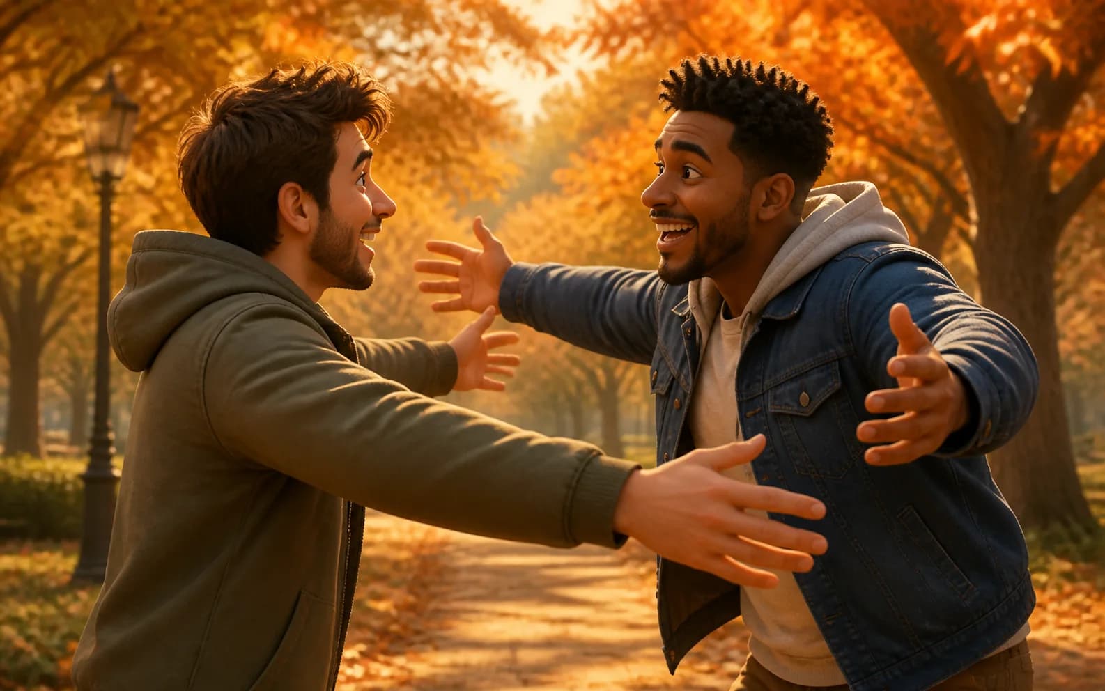 Two fictional adult friends opening their arms beneath autumn trees