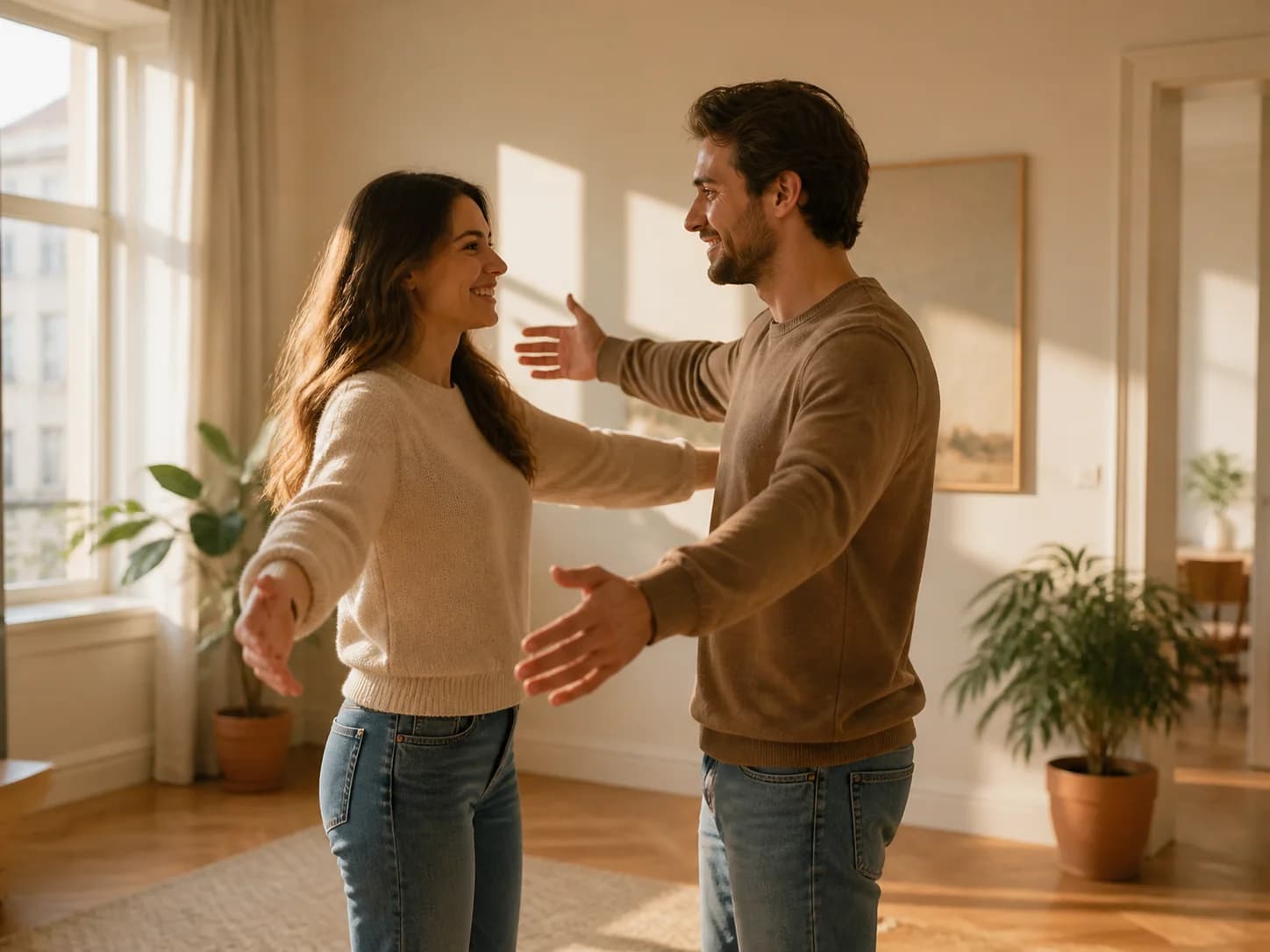 Two fictional adult family members preparing for a hug