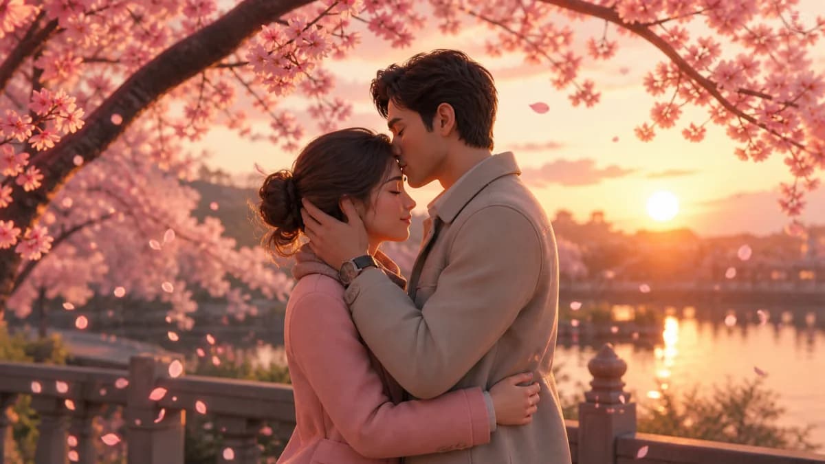 Stylized adult couple sharing a forehead kiss beneath cherry blossoms