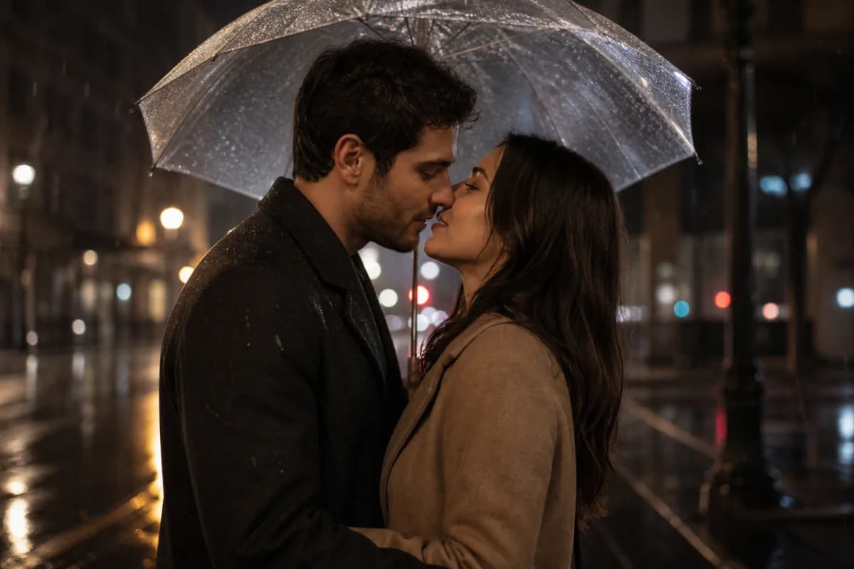Adult couple beneath an umbrella in a rainy city scene