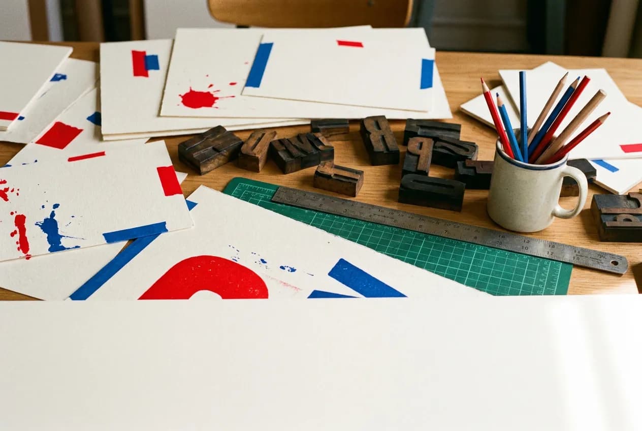 Designer's desk with blank poster boards, wooden type blocks and a cutting mat