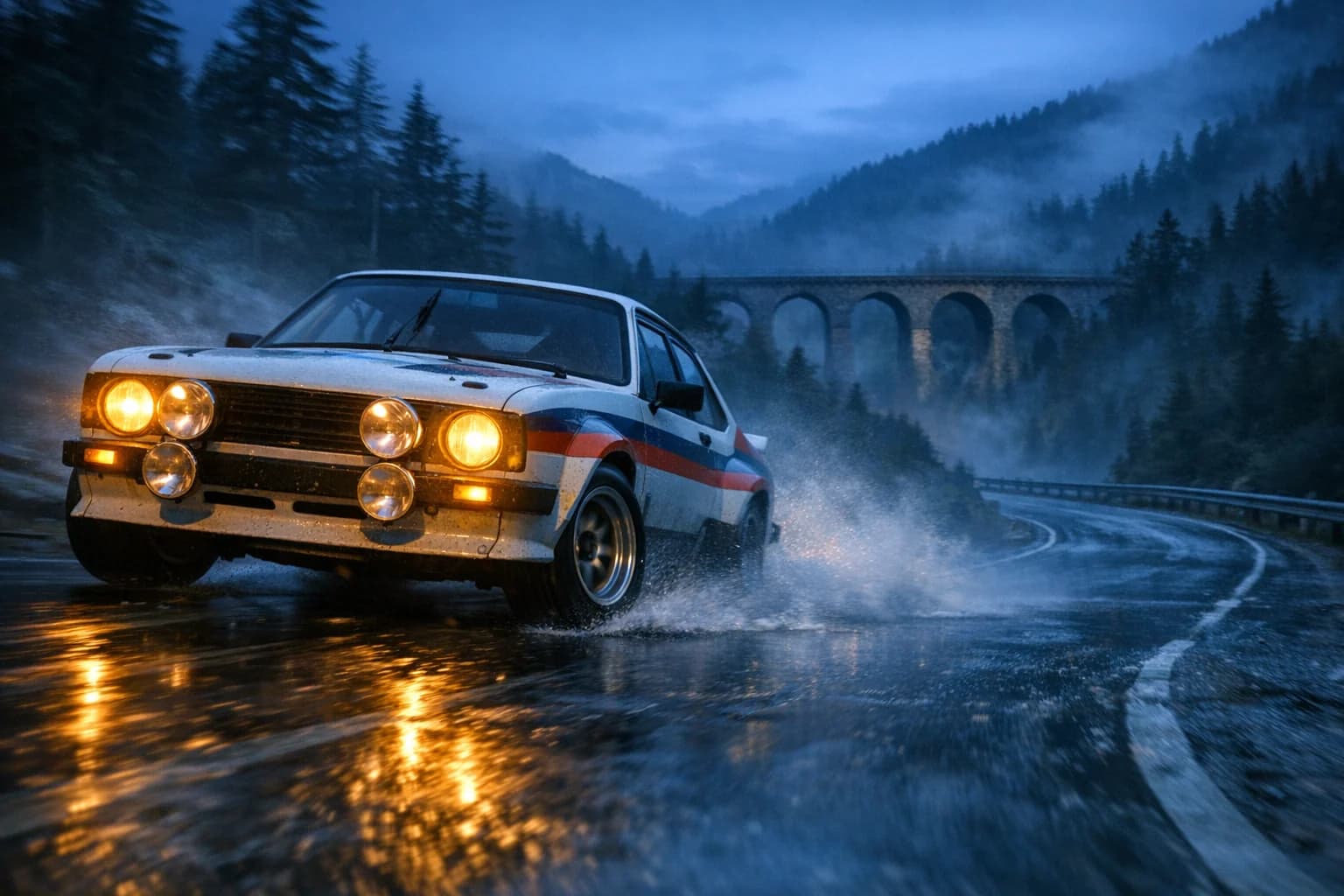 Vintage rally car drifting through a wet alpine road for a Kling 3.0 video concept