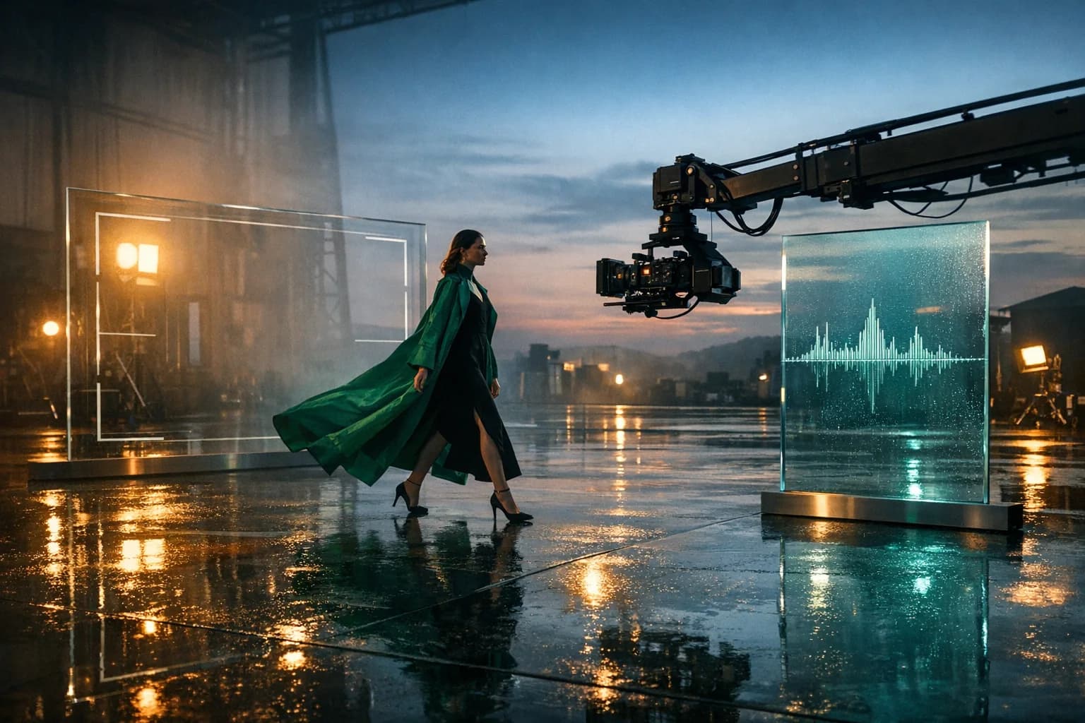 Performer crossing a cinematic soundstage with camera and audio references for MiniMax H3