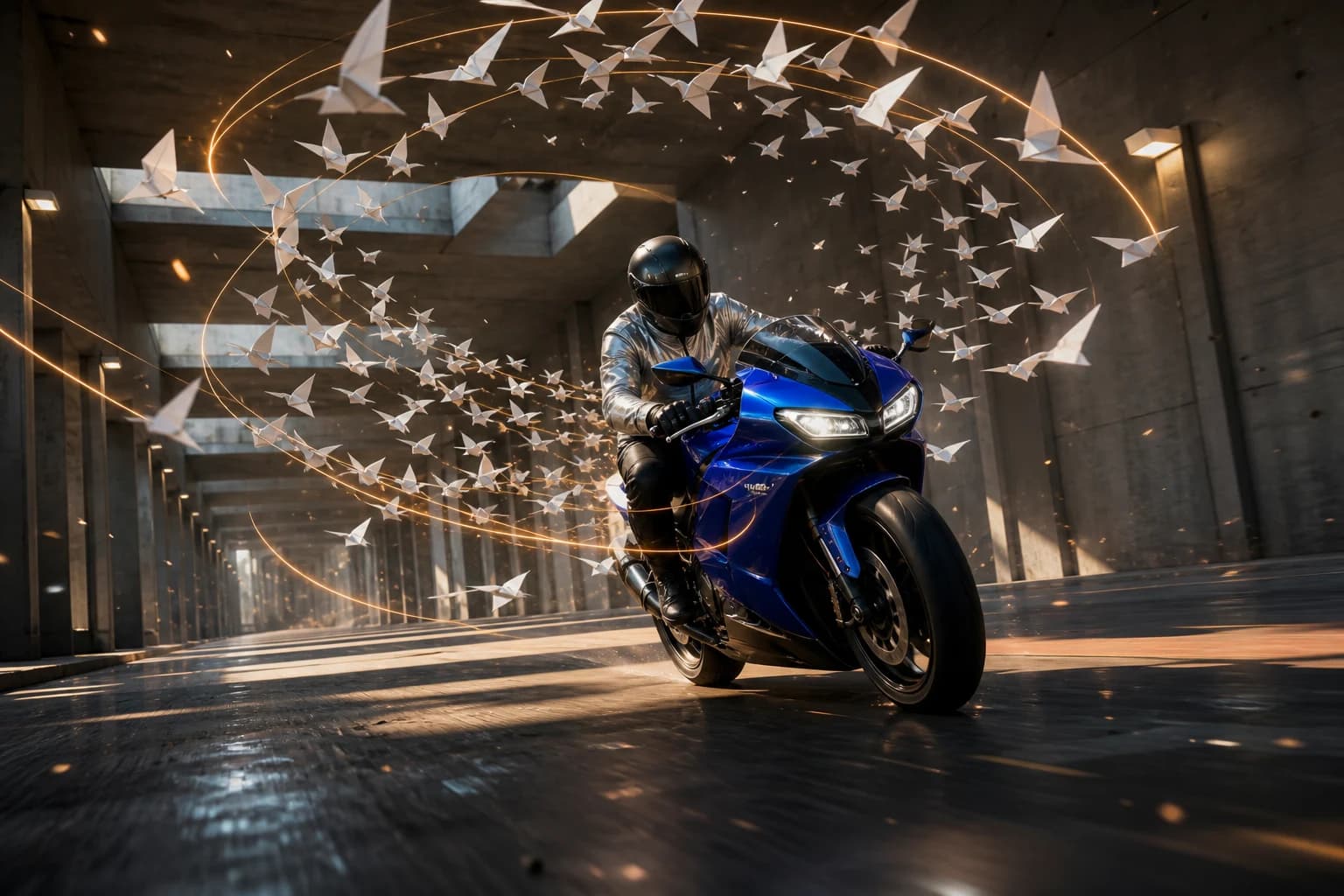 Cobalt motorcycle moving through an ordered spiral of paper birds for MiniMax H3 Max