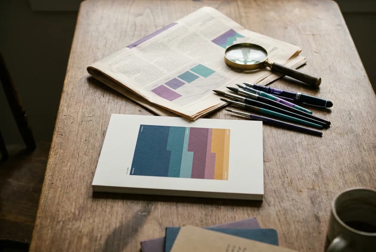 Editorial flat lay of a folded newspaper, magnifying glass and printed infographic card