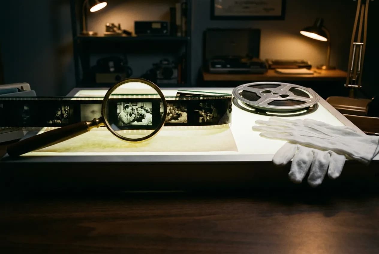 Archival film strip on a lit restoration table with a magnifying loupe