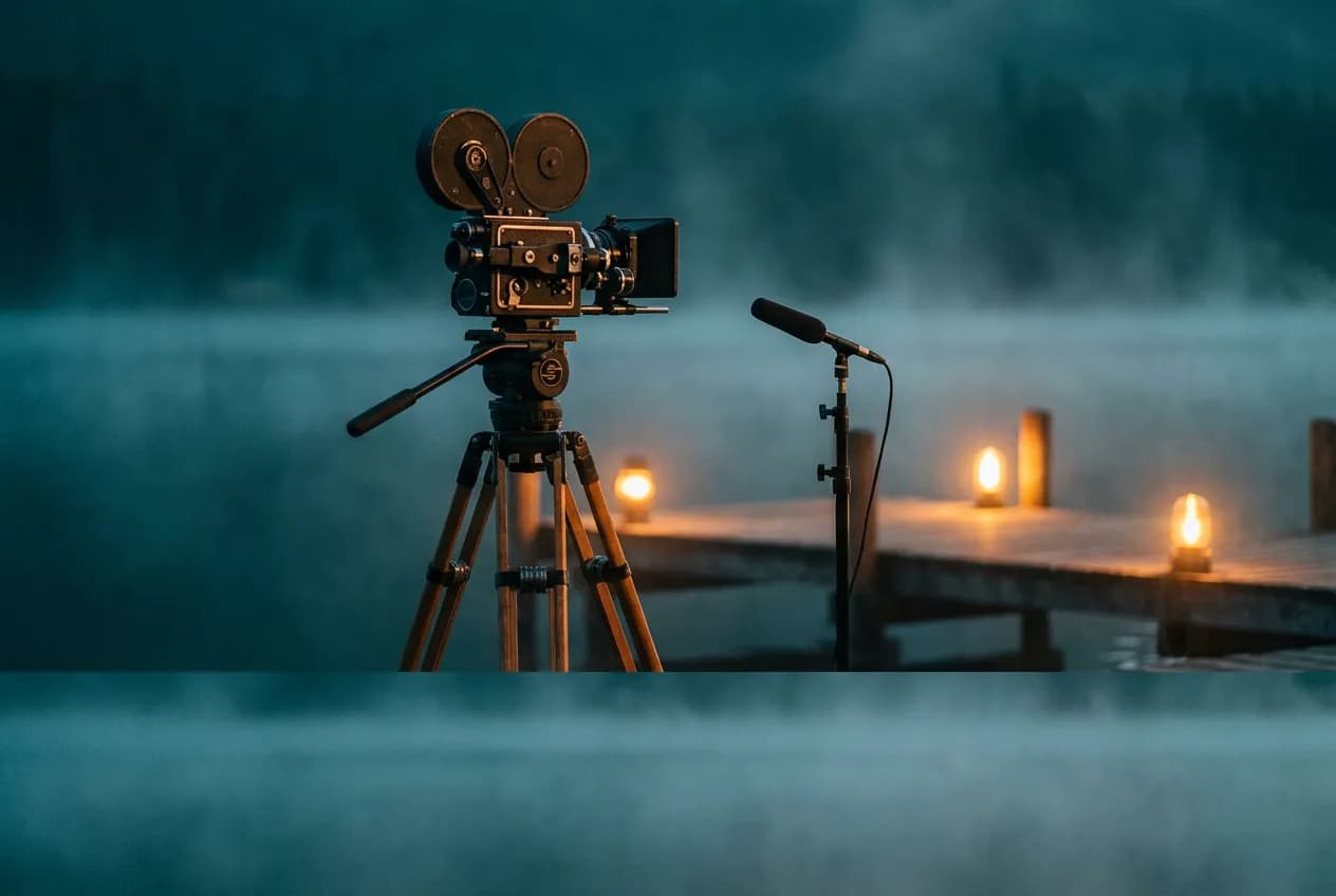 Vintage cinema camera and boom microphone facing a misty lakeside dock at blue hour