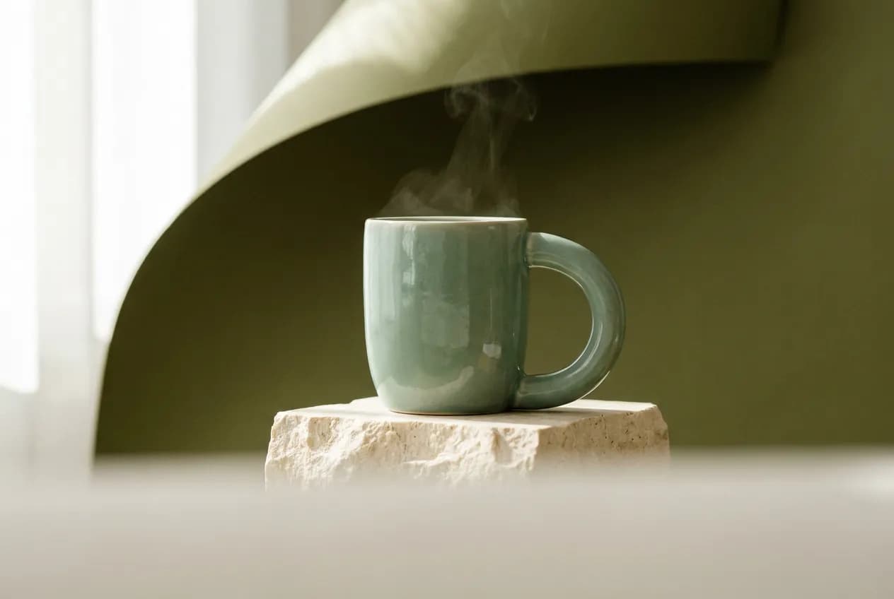 Celadon ceramic mug on a cream stone pedestal with soft steam and side lighting