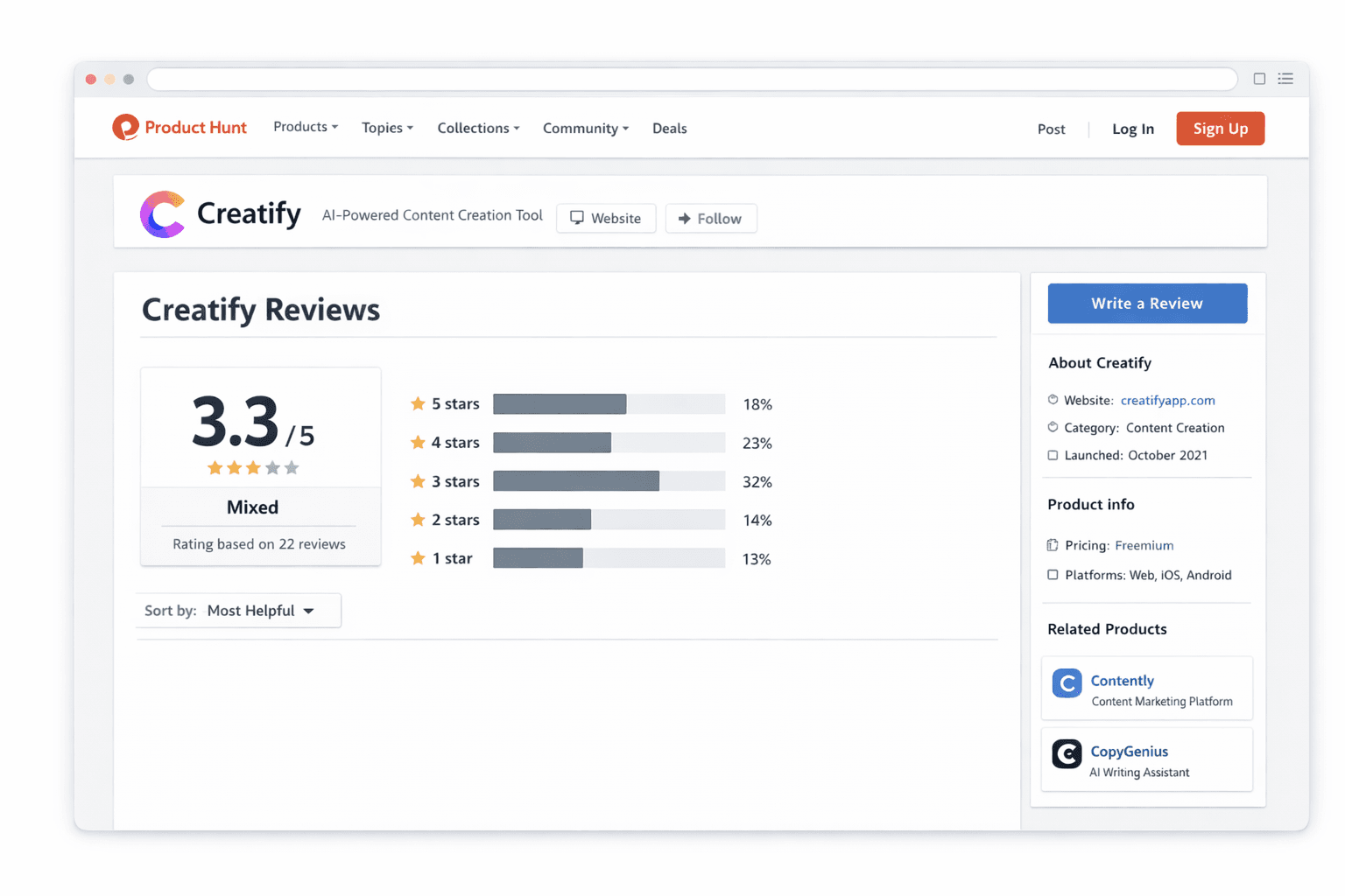 Creatify Product Hunt reviews screenshot