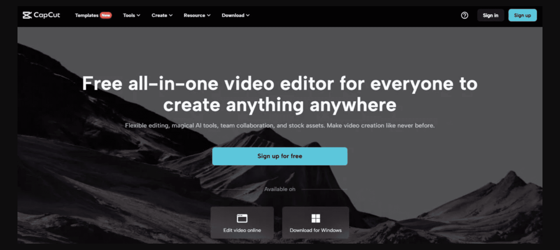 CapCut public homepage and product interface