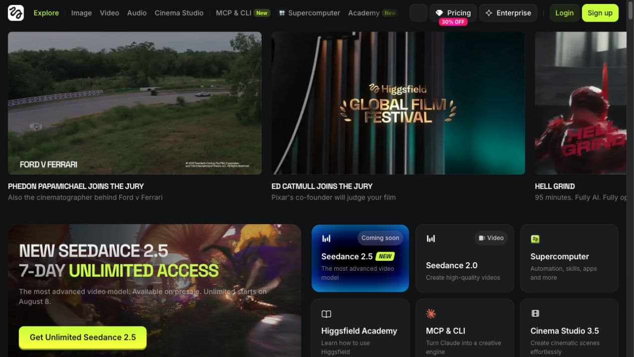 Higgsfield public homepage and product interface