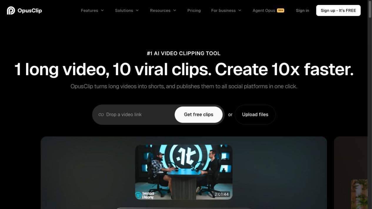 OpusClip public homepage and product interface