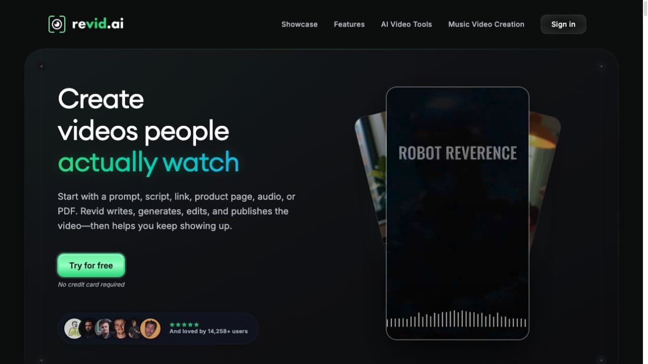 Revid AI public homepage and product interface