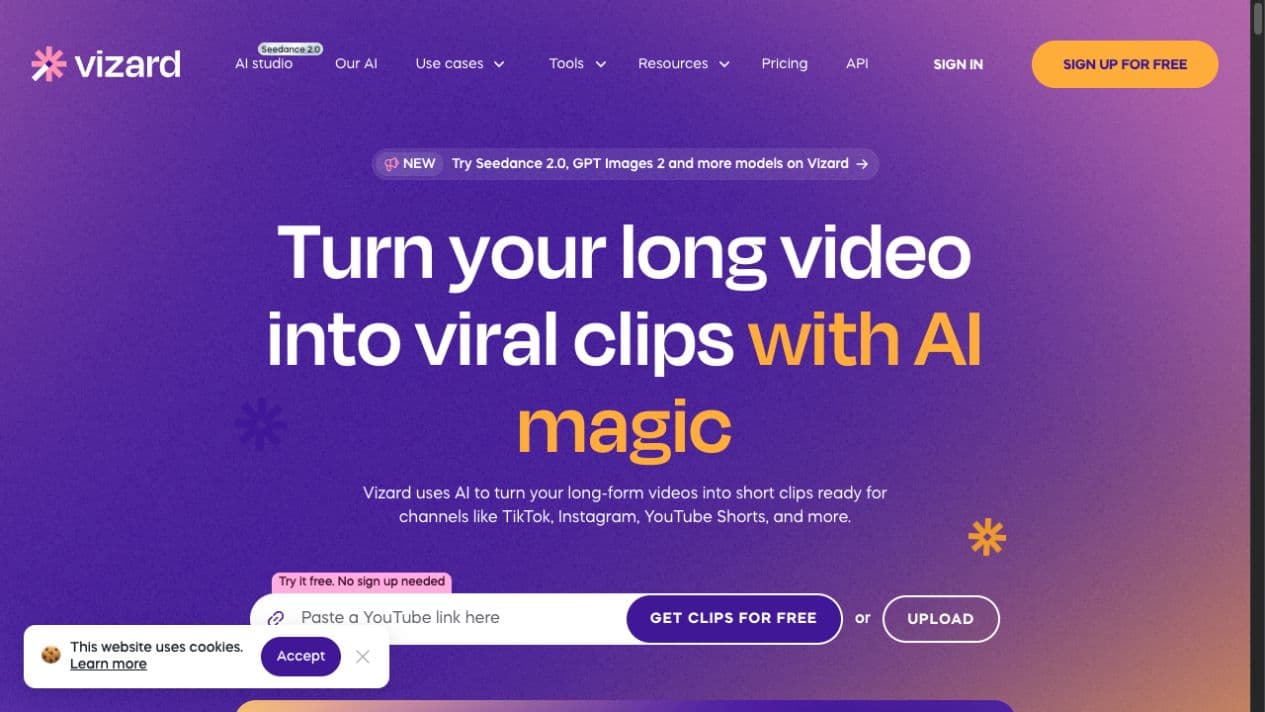 Vizard AI public homepage and product interface