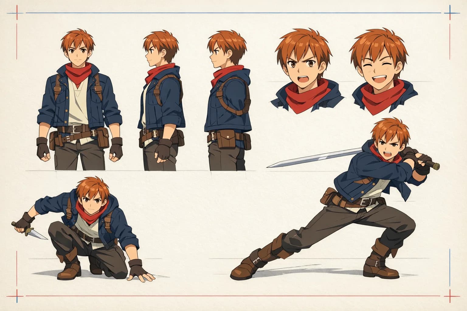 Consistent original anime character reference sheet with poses and expressions