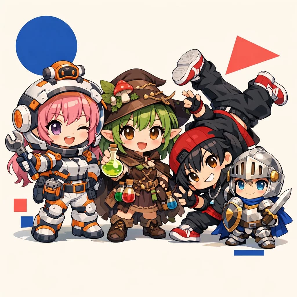 Four original chibi characters generated with AI