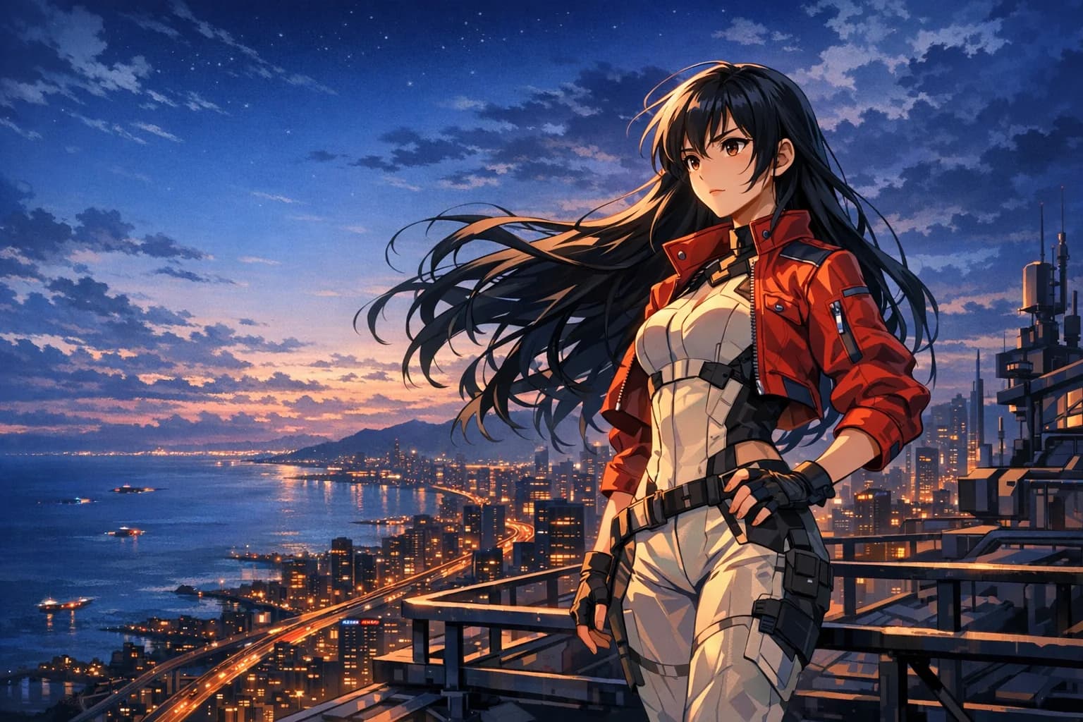 Original anime woman overlooking a futuristic coastal city at blue hour