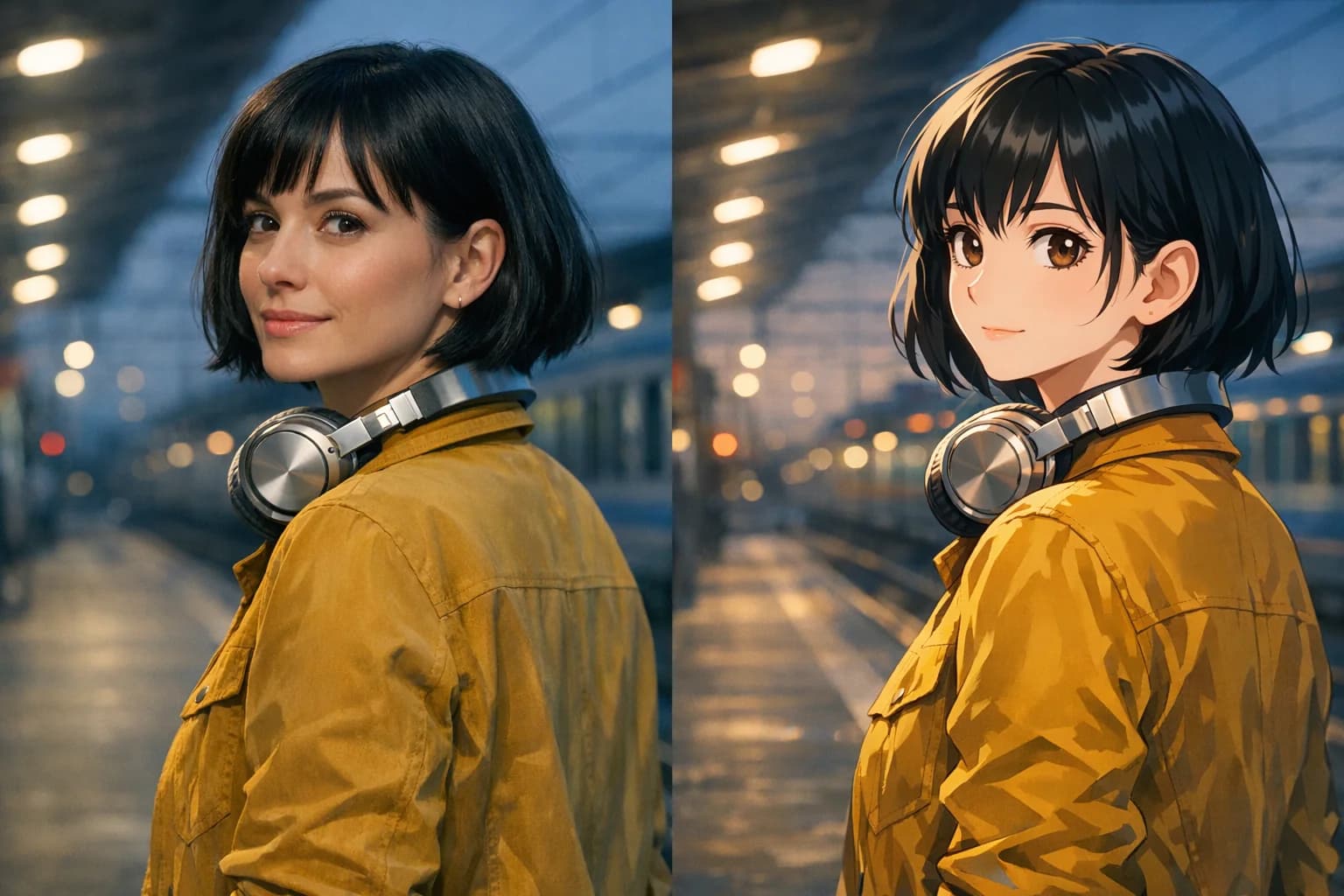 Portrait transformed from a realistic photo into an anime illustration