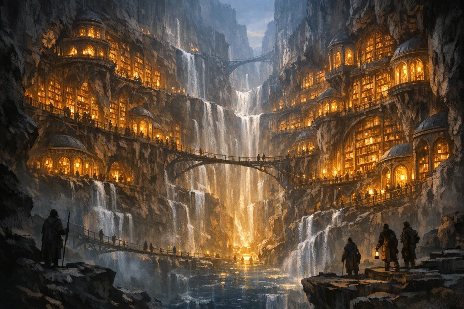 Original fantasy concept art of a luminous library carved into a canyon