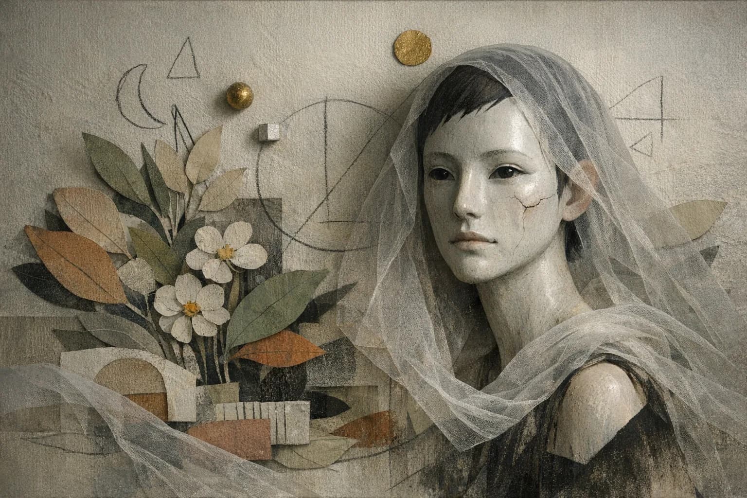 Original mixed-media portrait combining ceramic, collage, charcoal, and fabric