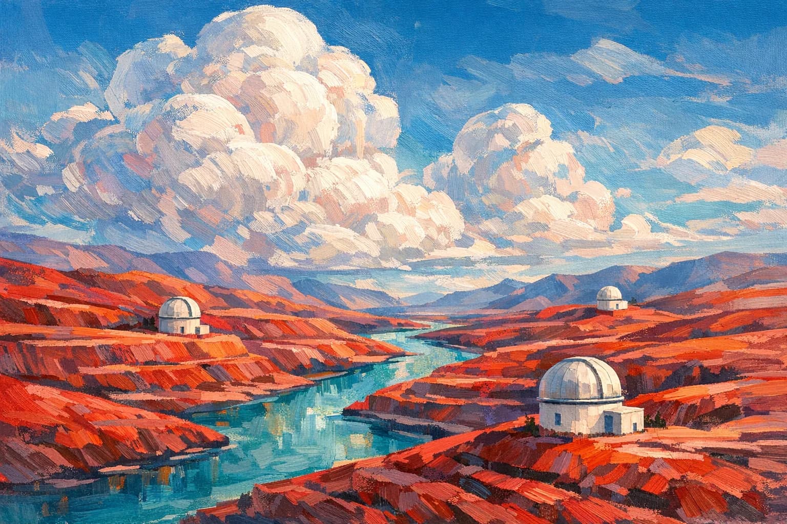 Original painterly landscape with red hills, turquoise water, and observatories