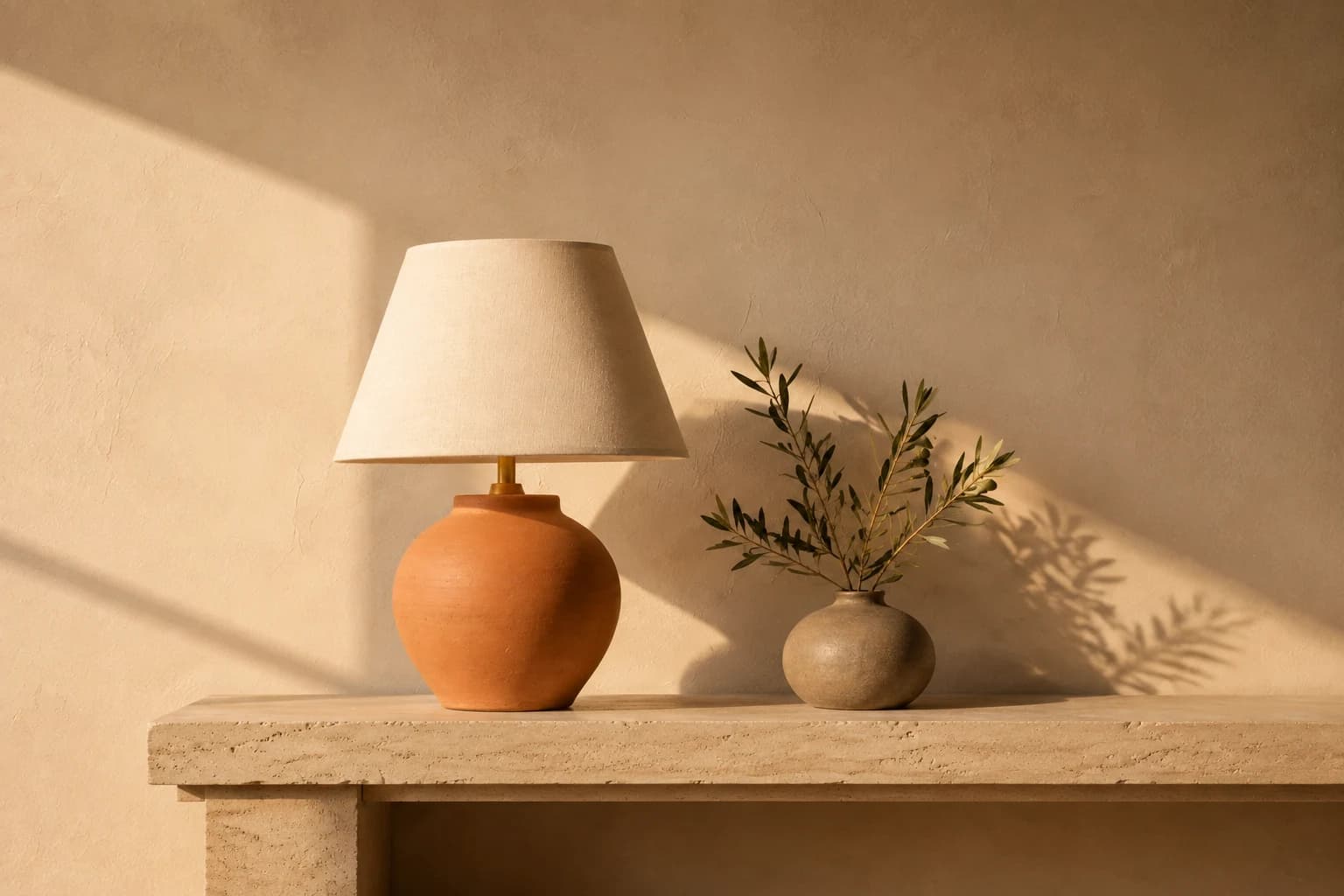 A ceramic lamp and olive vase with a wider plaster-wall background