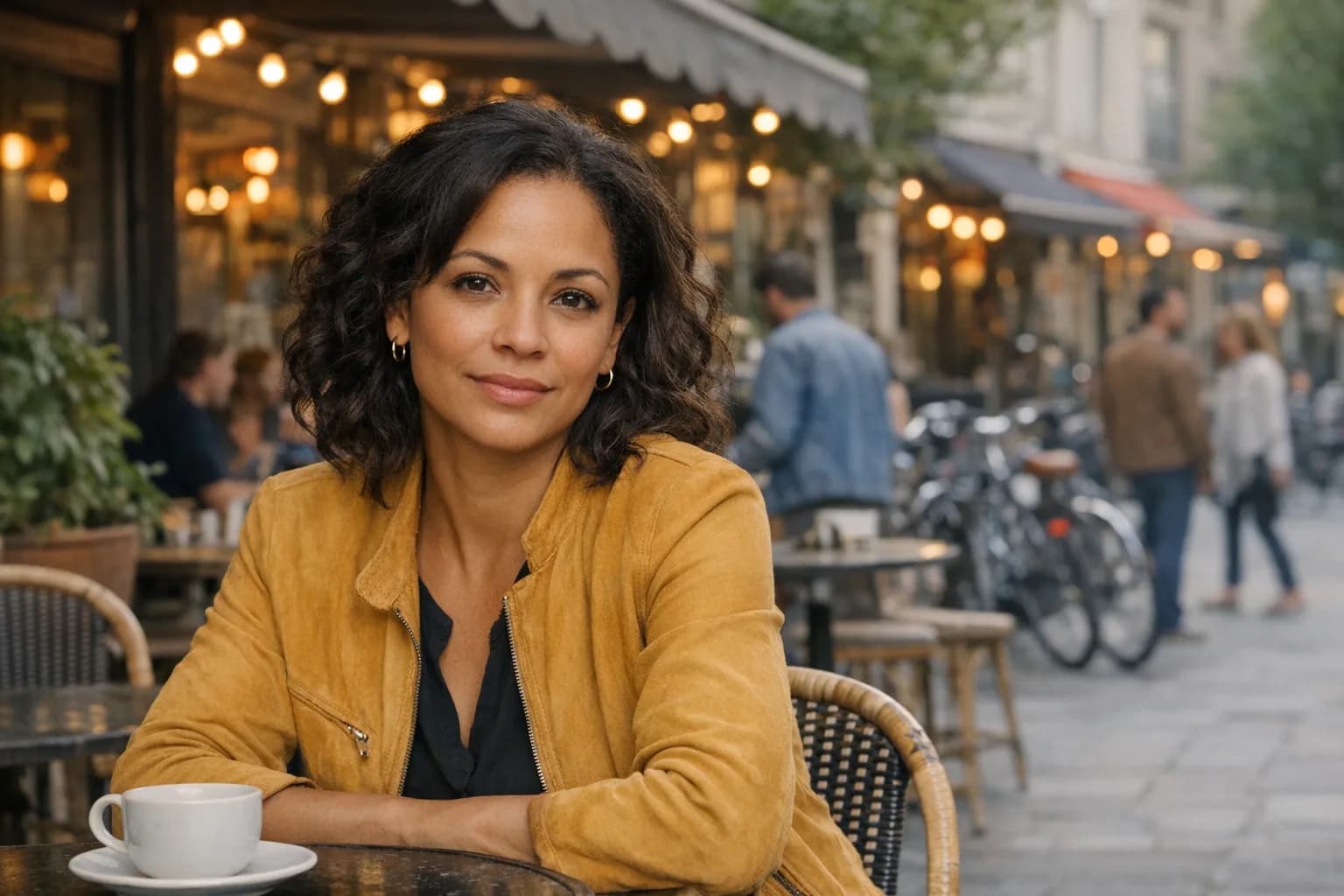 Cafe portrait with adjustable AI background blur