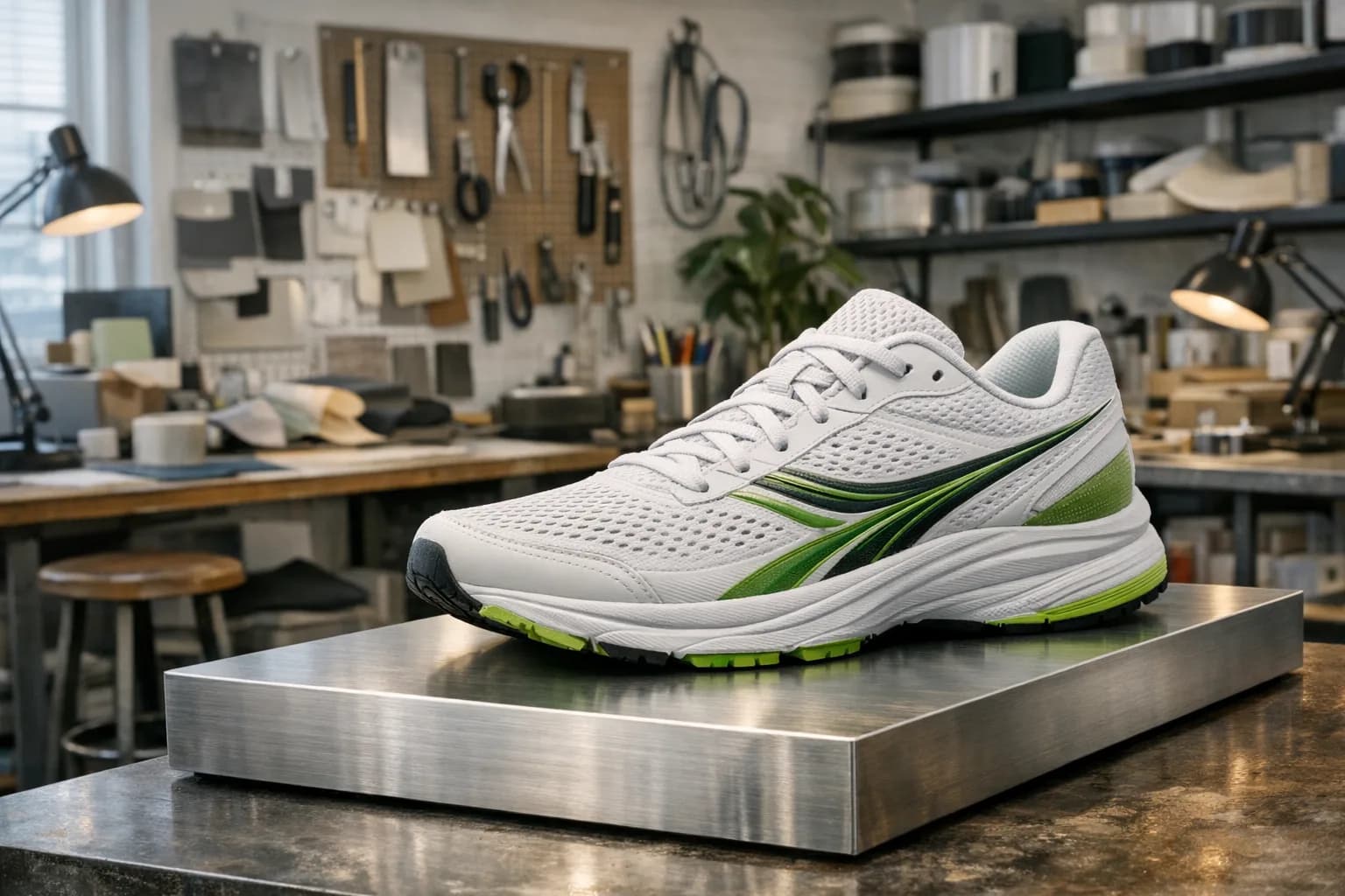 Running shoe kept sharp against a blurred studio background