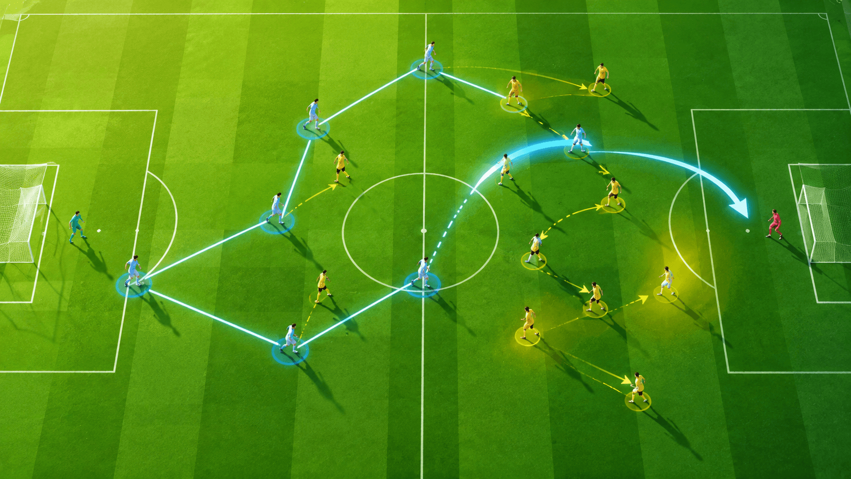 Animated overhead football pitch showing passing lanes and player movement