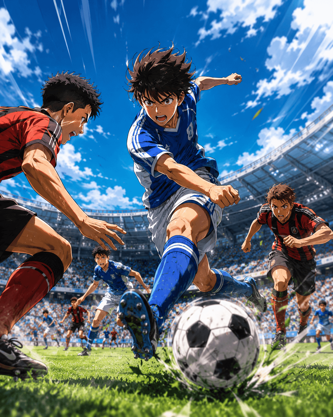 Animated football striker dribbling between defenders during a bright stadium match