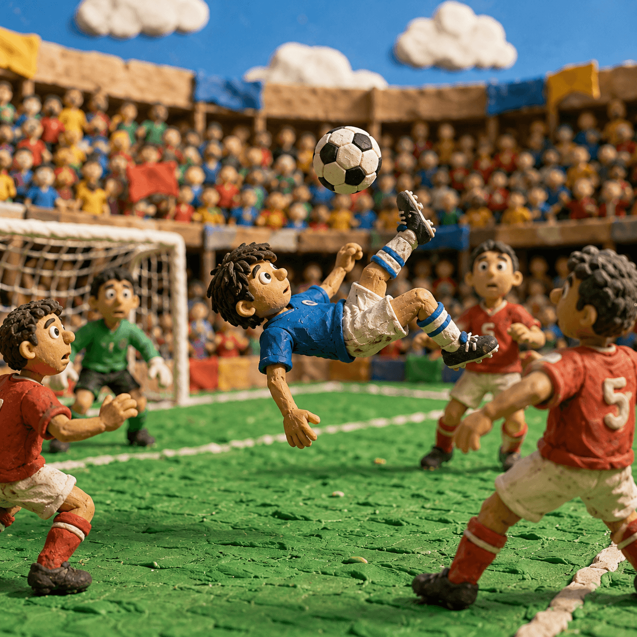 Clay animation football player performing a bicycle kick in a colorful miniature stadium
