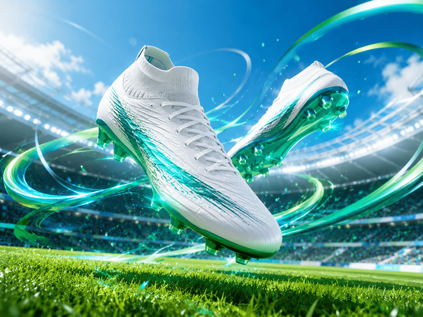 White and emerald football boots floating above a sunlit stadium pitch