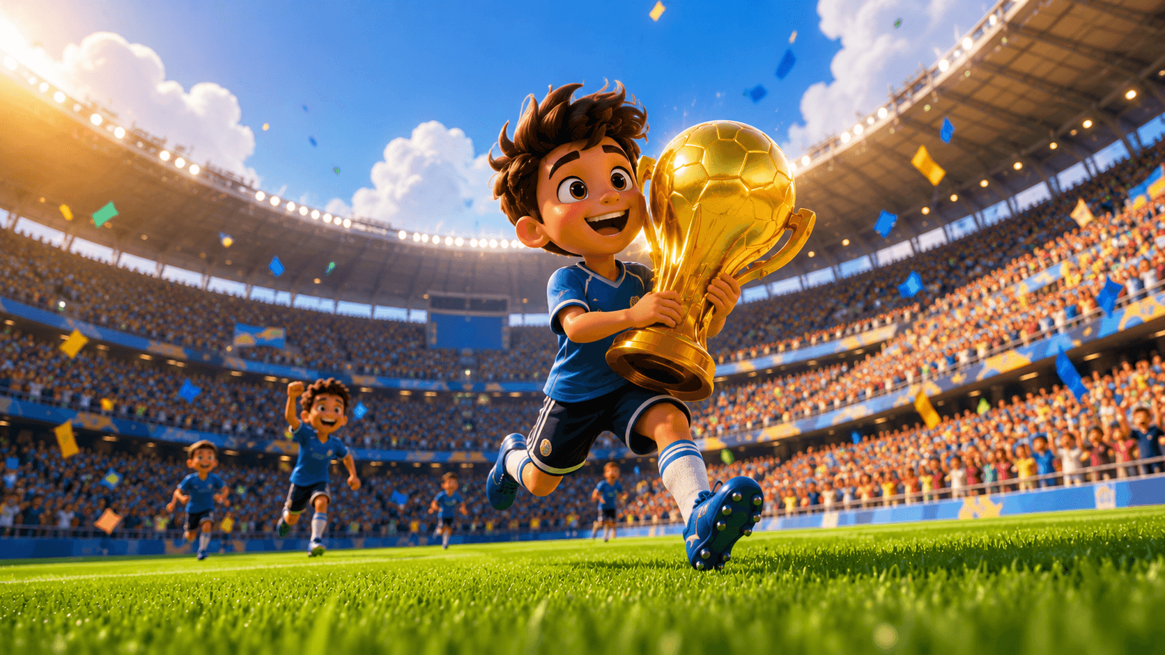 Animated young football champion carrying a golden trophy across a bright stadium