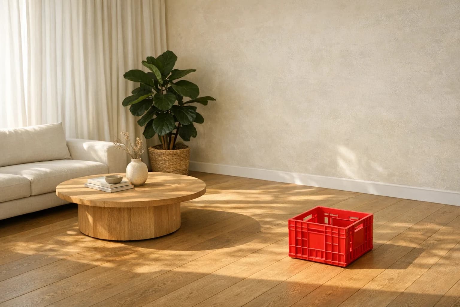 Modern living room with an unwanted red storage crate