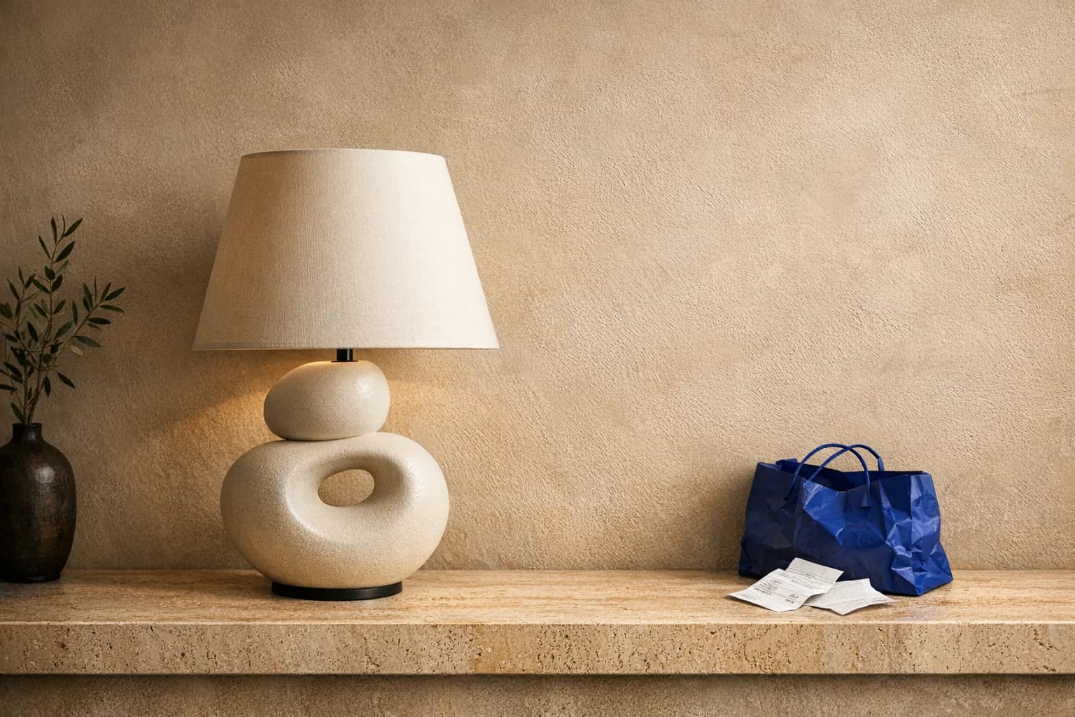 Lamp product scene with a blue shopping bag and receipts