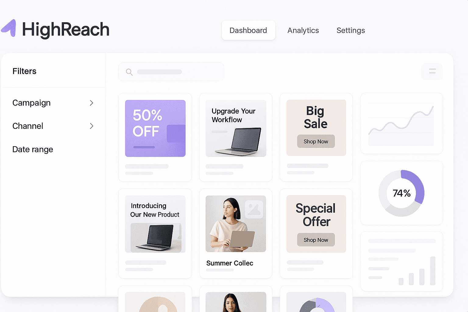 HighReach Platform Dashboard showing ad library, competitor analysis, and AI generation features