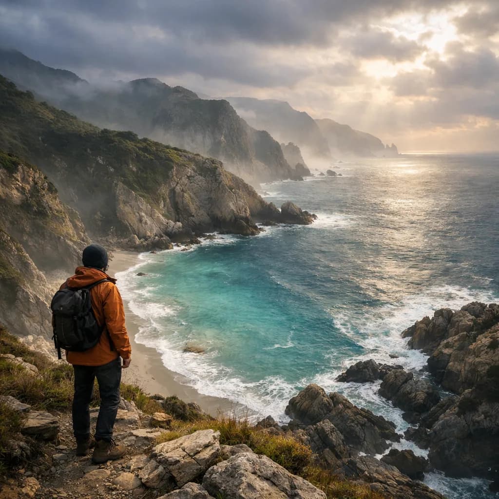 Traveler overlooking a turquoise coastal cove