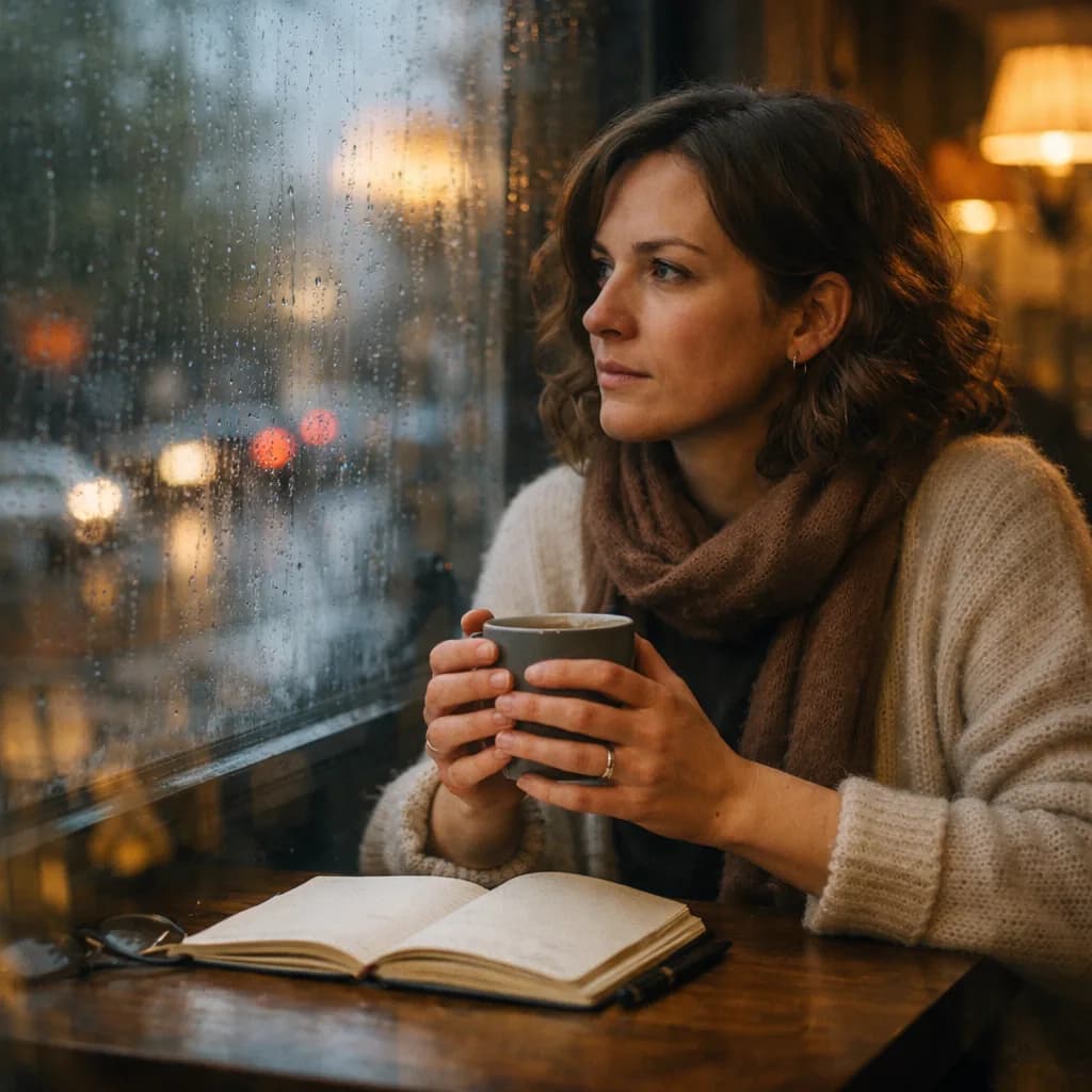 Writer sitting beside a rainy cafe window