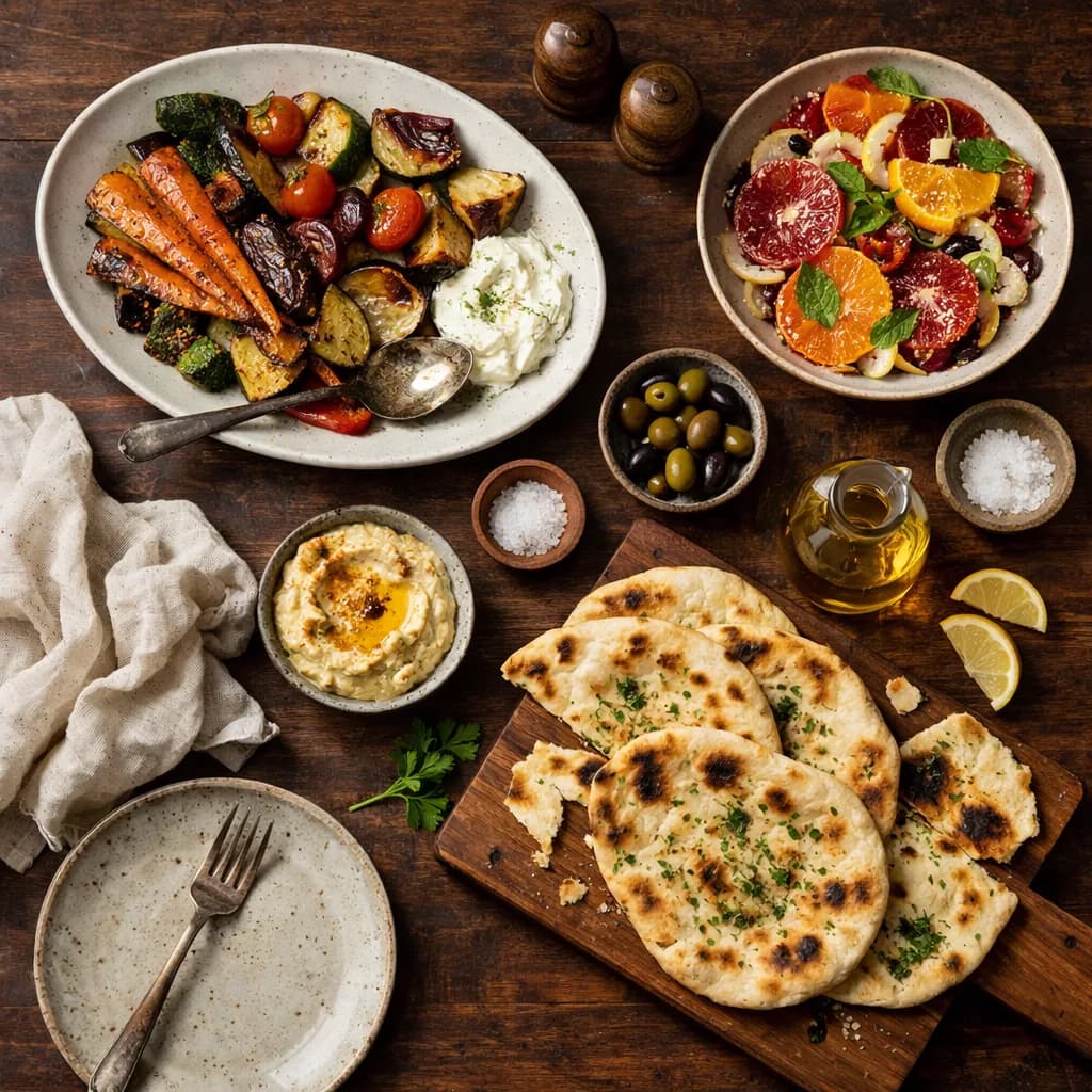 Editorial Mediterranean food flat lay on a walnut table