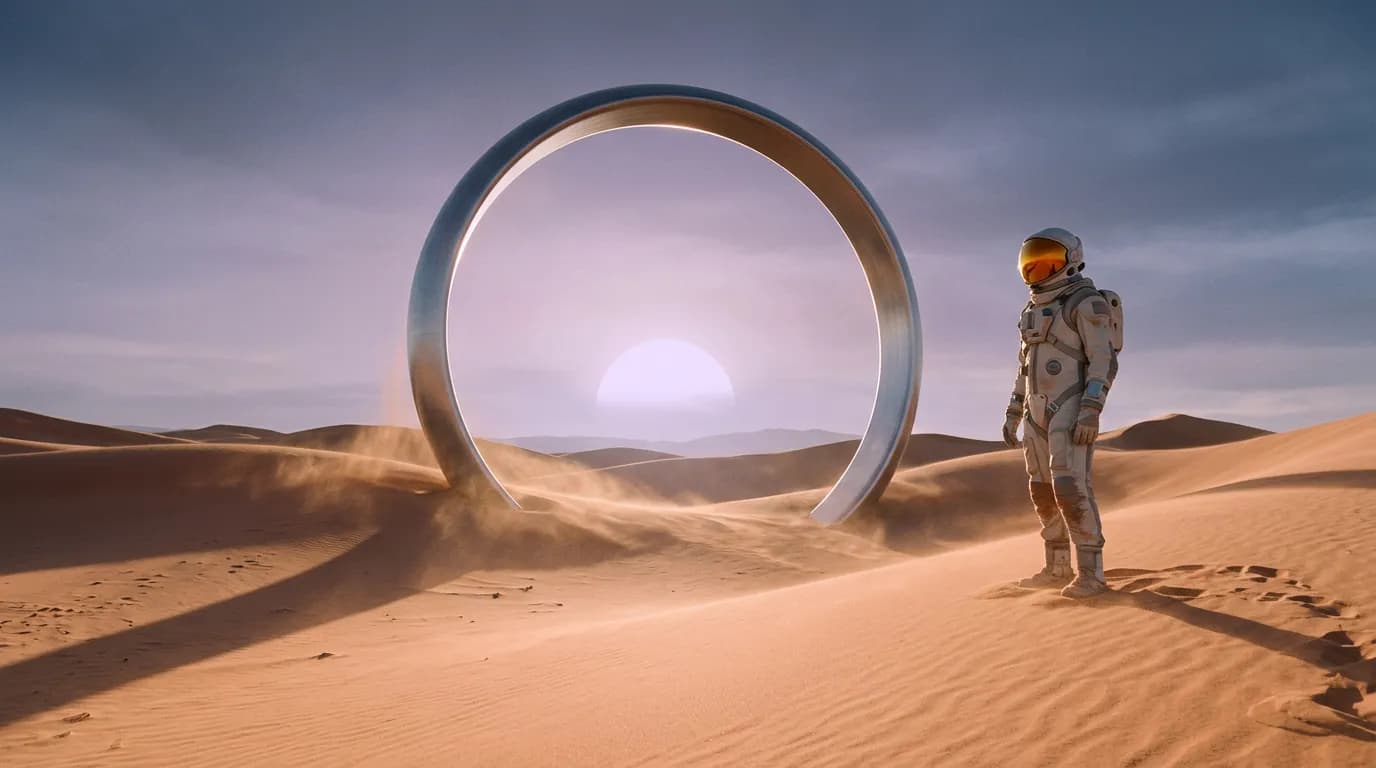 AI-generated explorer beside a monumental silver ring in a peach-colored desert