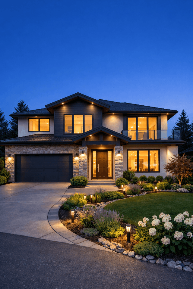 Suburban home exterior real estate ad visual