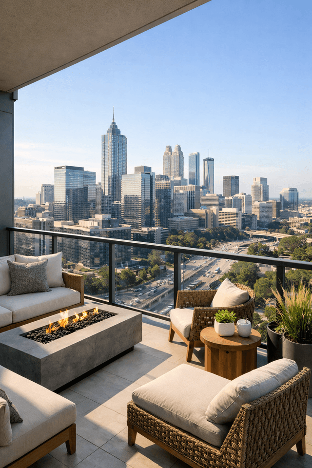 Upscale condo balcony skyline real estate ad visual