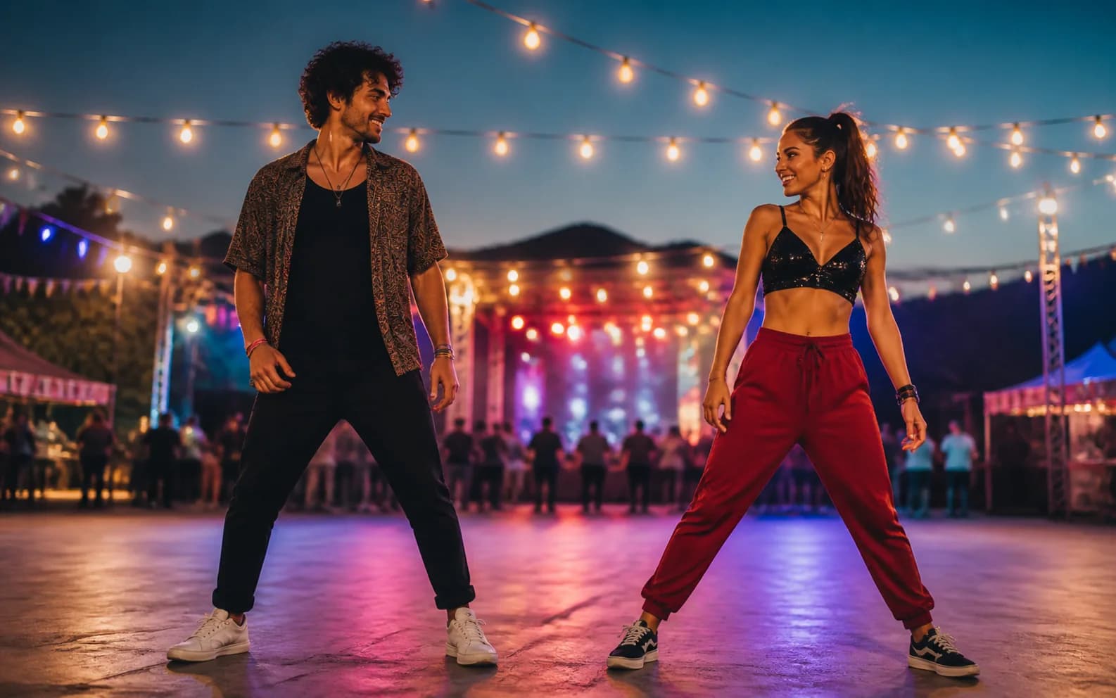 Two fictional adult dancers on an outdoor festival dance floor