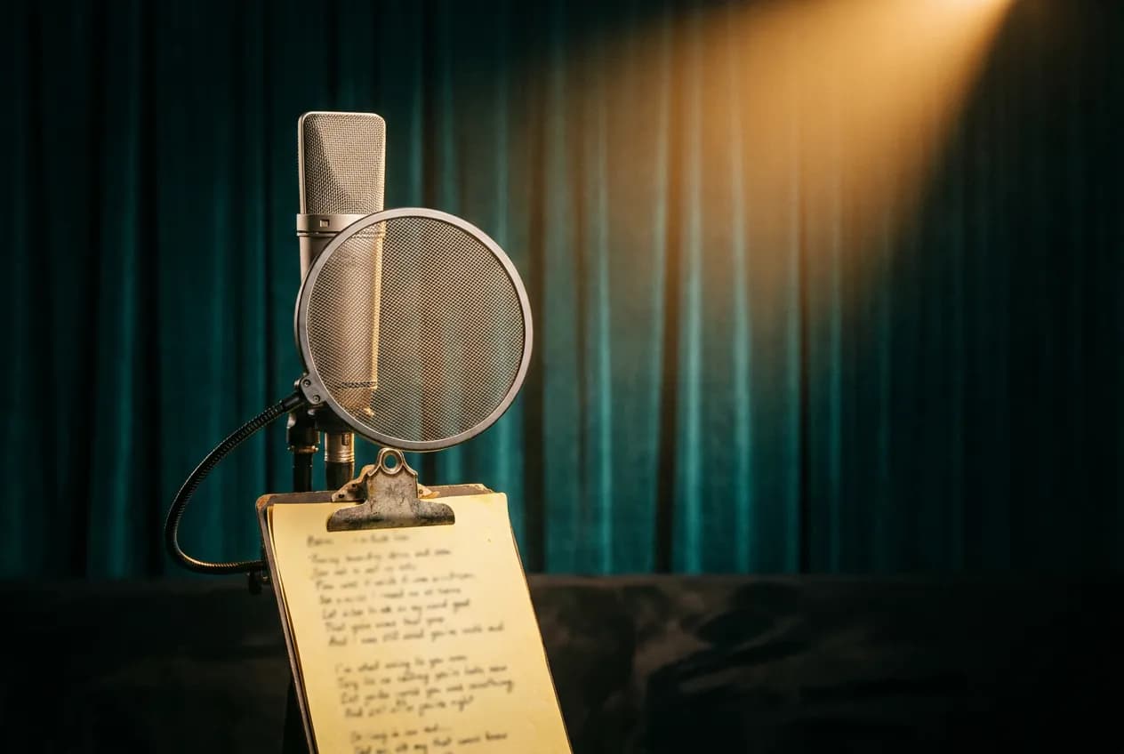 Vintage studio microphone with a pop filter in front of a lyric sheet and a teal curtain