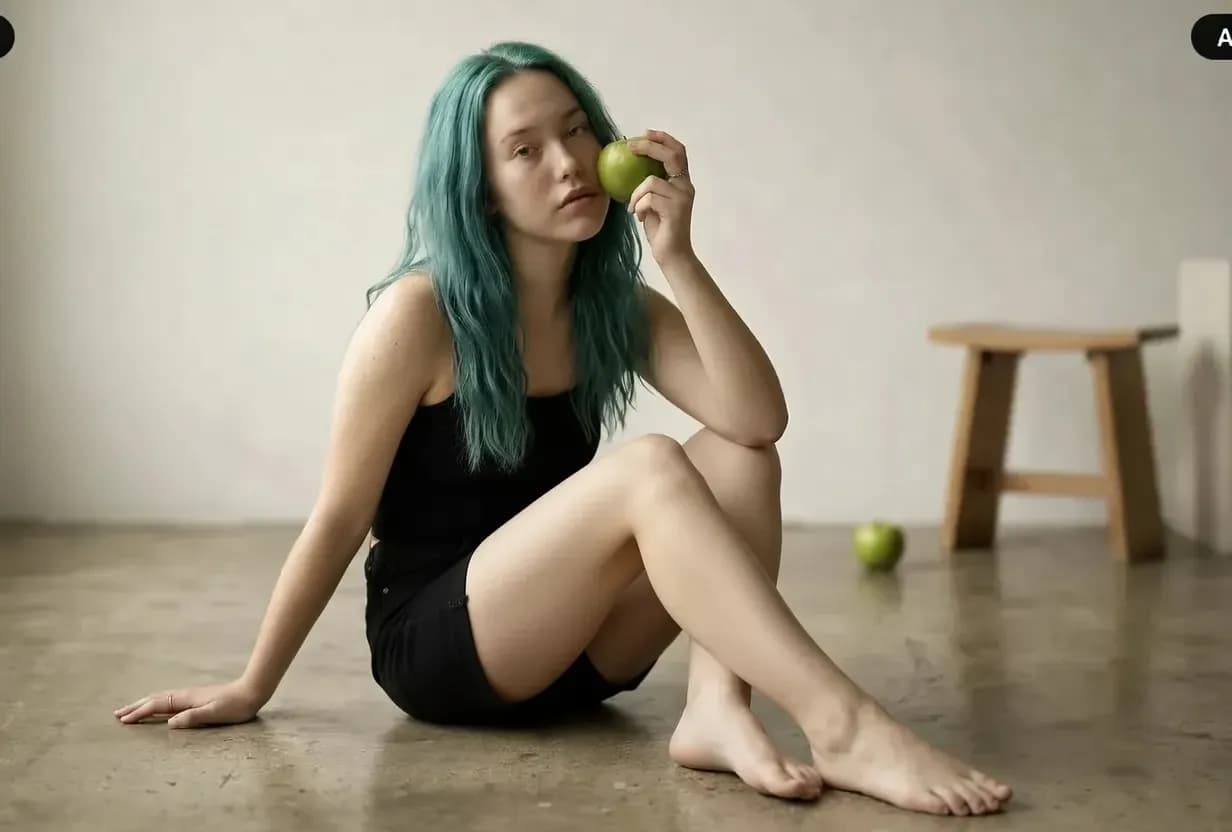 Green-haired model in a coordinated black outfit after continued AI image editing
