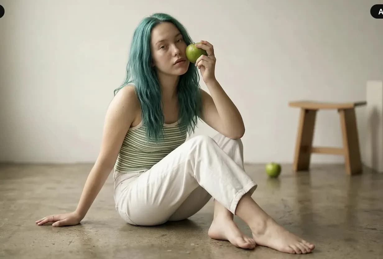 Green-haired model in a striped top and white trousers before an AI clothing edit