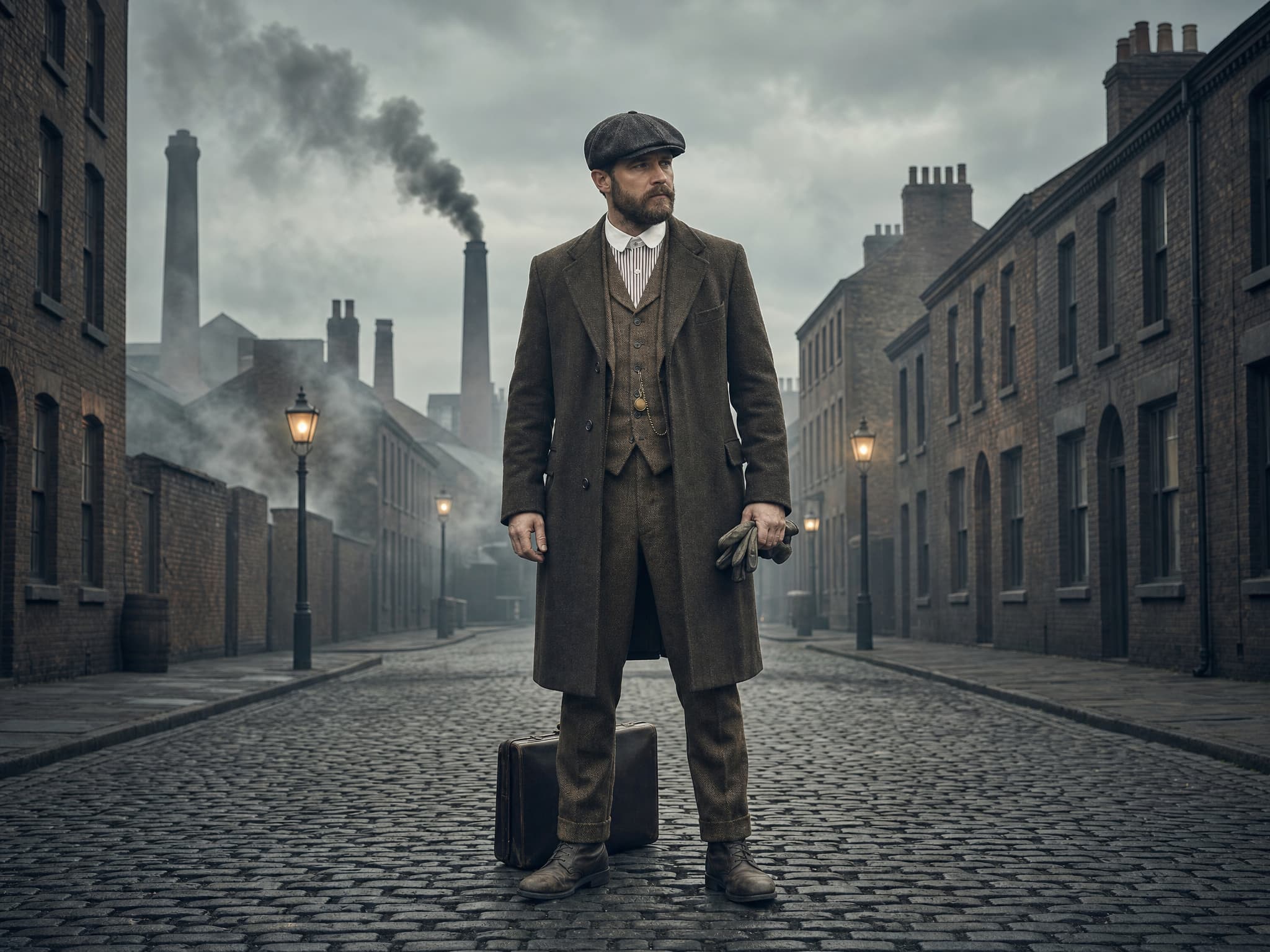 Man wearing a textured period suit before an AI clothing replacement