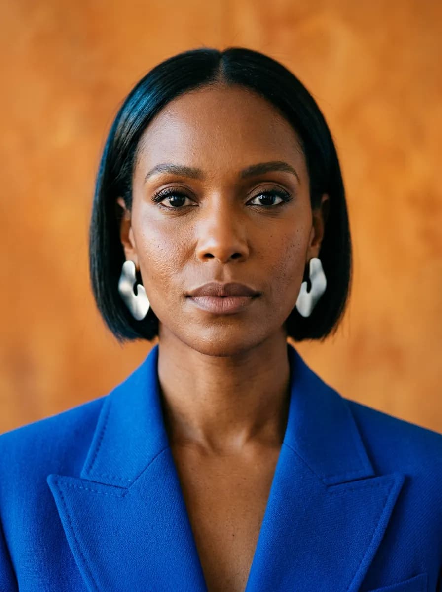 AI-generated editorial portrait with a cobalt jacket and orange backdrop