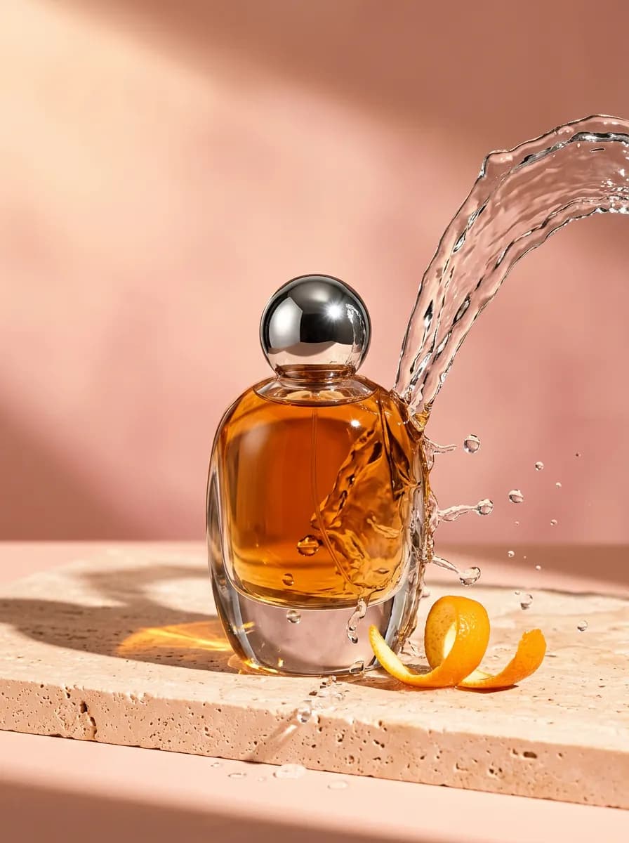 AI-generated amber perfume bottle with a chrome cap and suspended water