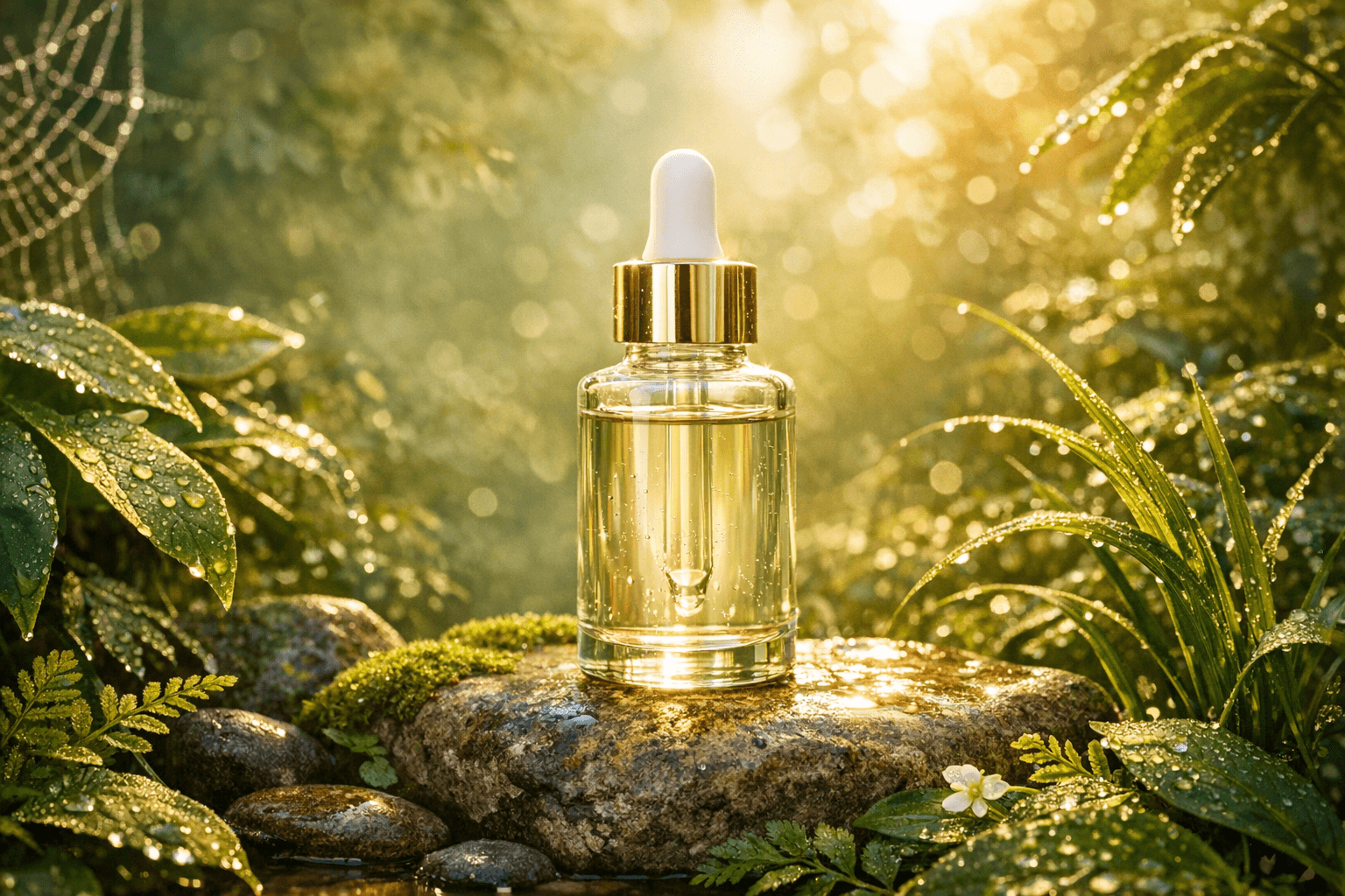 Skincare serum in nature-inspired ad scene